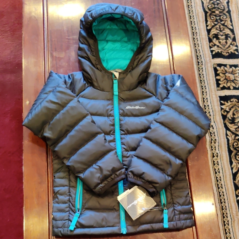 Eddie Bauer Black Puffer Jacket with Teal Accents